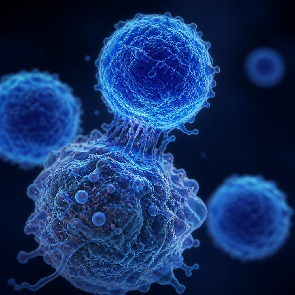 Scientific visualization of a cytotoxic CD4 T cell engaging an abnormal cell