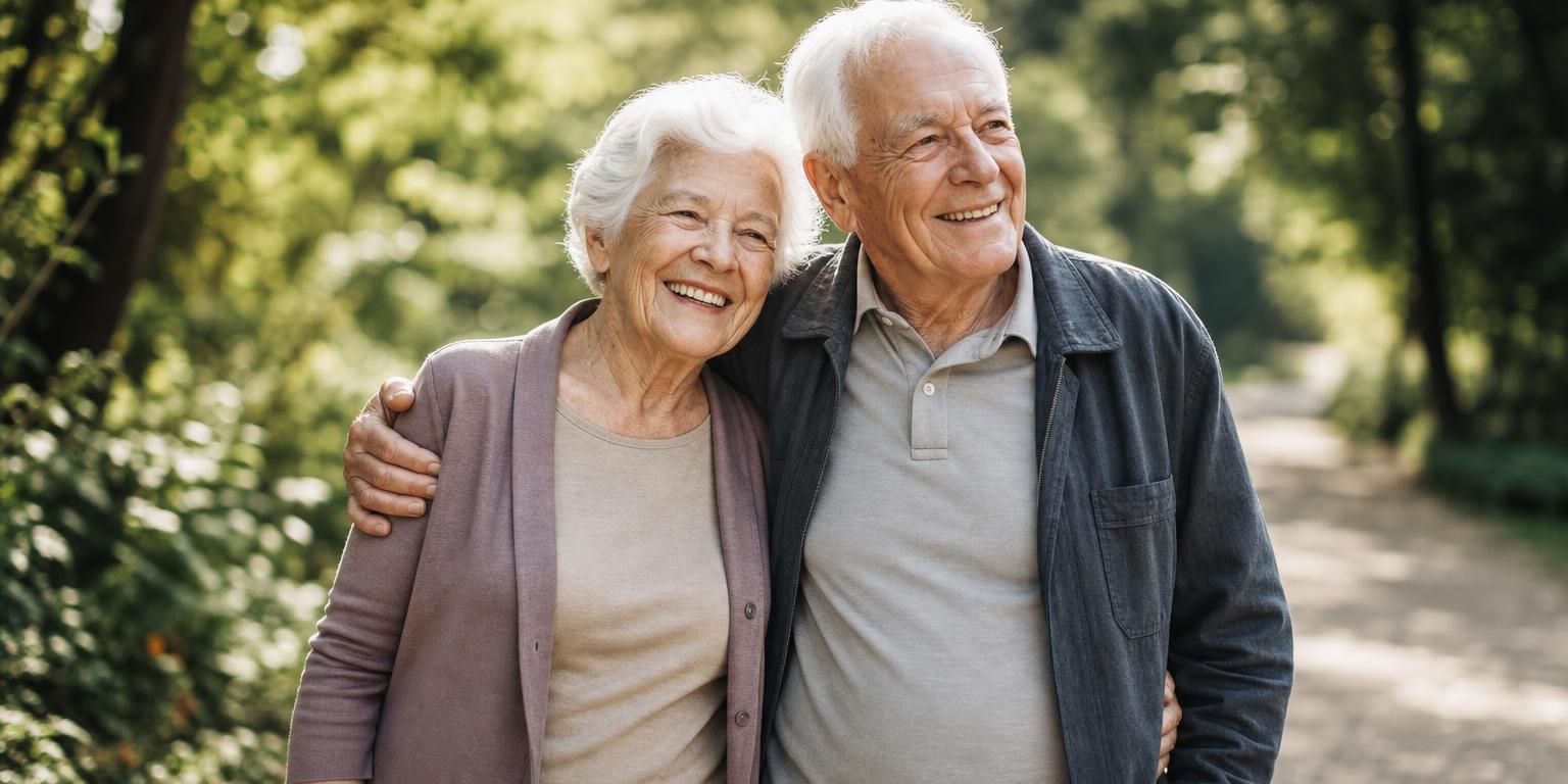 Vibrant older couple walking together outdoors